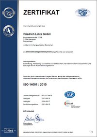 Certification du système de gestion de l'environnement - Lütze Transportation GmbH